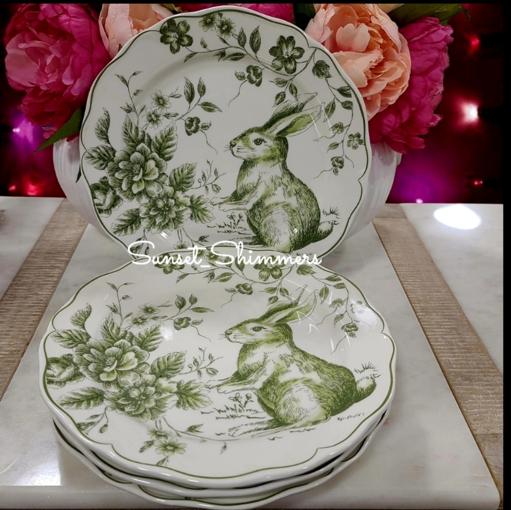 4pc Maxcera Green Toile Easter Bunny Rabbit Scalloped Cabbage Rose Salad Plates